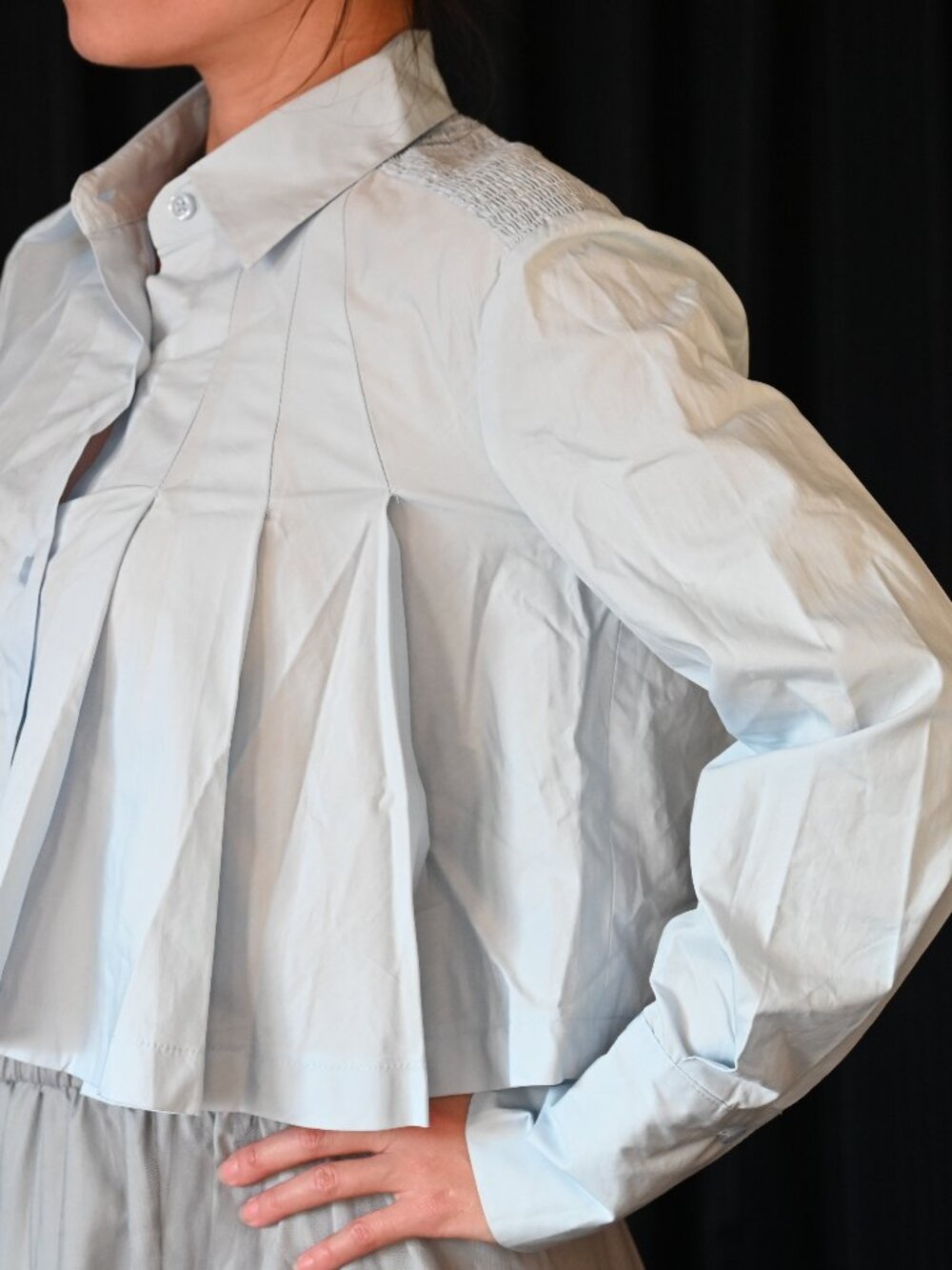 Light Blue Cropped Architectural Pleated Poplin Blouse